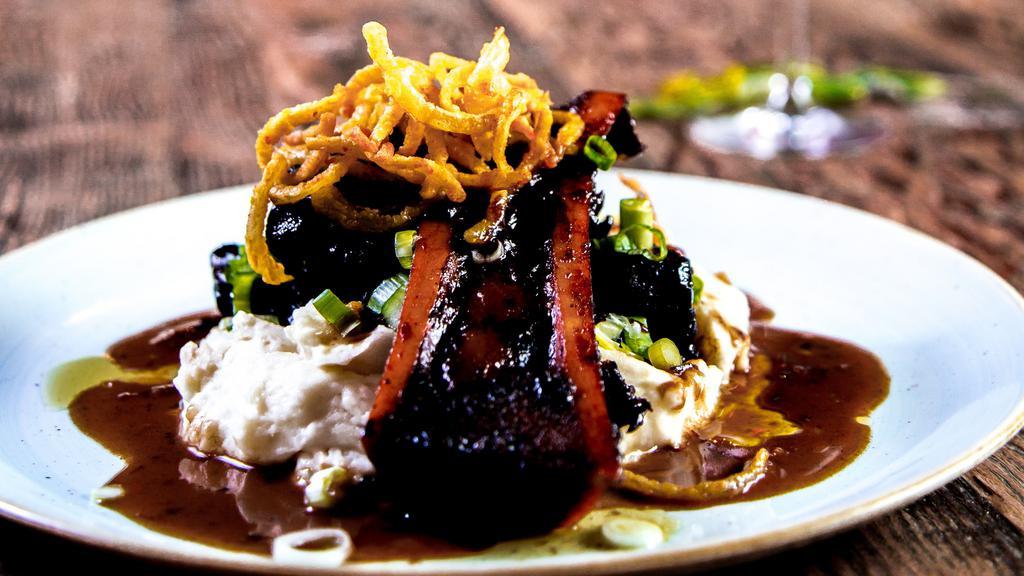 Slow-Cooked Short Rib · Potato Purée, and Red Wine Reduction