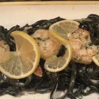 Black Linguinni With Shrimp · Creamy Preserved lemon sauce with shrimp and Parmesan Cheese
