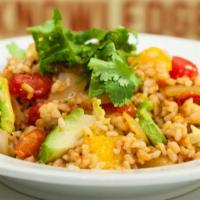 Fiesta Brown Rice · Vegan. Brown Rice,Avocado, mango, tomato, onion, cilantro, and brown rice with lime and red ...