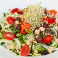 Raw Zucchini Puttanesca · Vegan. Zucchini spaghetti tossed with sprouted garbanzos, sprouted lentils, grape tomatoes, ...