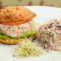 Tuna Salad Sandwich · Tuna salad with celery, carrot, and vegan mayo served with lettuce and tomato on a housemade...