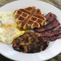 American Breakfast · Two eggs any style served with turkey bacon and a buttermilk waffle bread