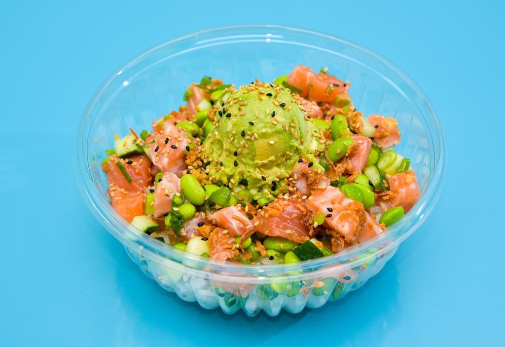 Salmon Og Bowl · Salmon, cucumber, green onions, edamame, and fried onions. Tossed in Hawaiian OG sauce and yuzu citrus. Served over white rice.