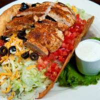 Chicken Mexican · crisp flour tortilla shell, shredded lettuce, salsa, black beans, diced tomatoes, Monterey J...