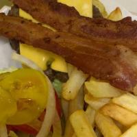 Bacon Cheeseburger With Fries · Fresh Hand Patty Beef Burger with Thick Cut Bacon , cheese, lettuce , tomatoes, onion, and p...