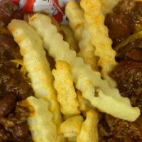 2 Chili Cheese Dogs With Fries · 2 Nathon’s Beef Hot Dogs topped with Sharp Cheddar Cheese and Homemade Chili