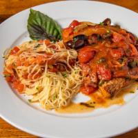 Grouper Alla Livornese · Roasted fresh grouper filet with onions, black olives, capers, cherry tomato in white wine, ...