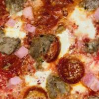 New York Meat Lovers Pizza · Diced meatballs, bacon, pepperoni, sausage, prosciutto cotto, tomato sauce, and shredded moz...