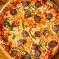 New York Sausage & Peppers Pizza · Sausage, green pepper, onions, basil, and mozzarella cheese.