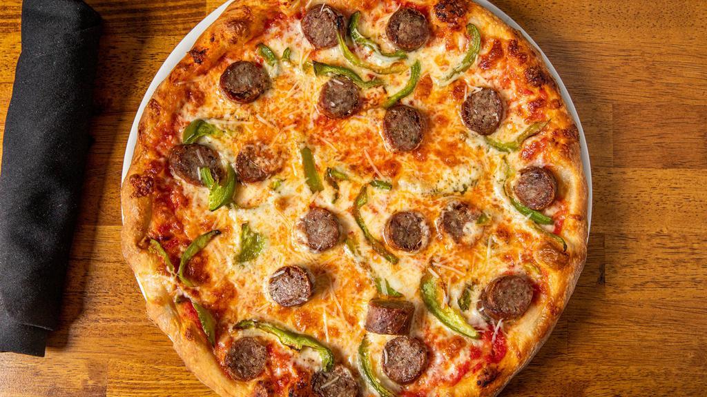 New York Sausage & Peppers Pizza · Sausage, green pepper, onions, basil, and mozzarella cheese.