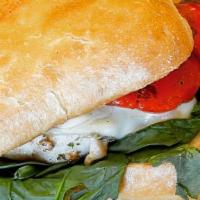 Tuscan Grilled Chicken Sandwich · Grilled chicken, provolone cheese, spinach, roasted red
bell pepper, balsamic glaze on ciaba...
