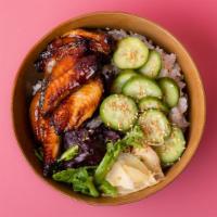 Unagi Rice Bowl · Smoked eel over sushi rice with sliced cucumber, radish, ginger, crunchy greens, and sesame ...