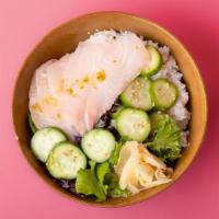 Yellowtail Rice Bowl · Freshly sliced yellowtail over sushi rice with sliced cucumber, radish, ginger, crunchy gree...