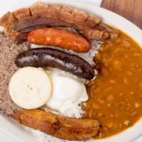 Bandeja Super Mi Pueblo · Typical colombian platter with rice, beans, pork skin, fried eggs, plantains, corn cake and ...