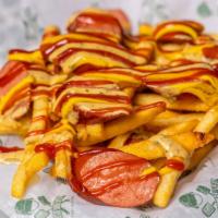 Salchipapa · Beef hotdog cut up, fries, pink signature sauce, mustard, ketchup, pineapple sauce.
