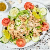 Chicken Salad · Greek salad lettuce onion cucumber tomatoes olives feta cheese peppercini pepper grilled chi...