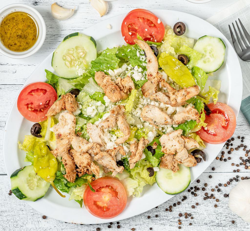 Chicken Salad · Greek salad lettuce onion cucumber tomatoes olives feta cheese peppercini pepper grilled chicken.