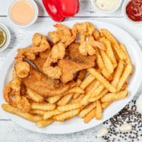 Fish,Shrimp&Fries Tray · 10 pc fish, 100 pc shrimp ,and fries  feeds min 10 peoples