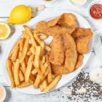 Fish (4 Pieces) · comes with two sides, F.fries, salad , or rice &beans