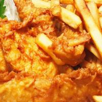 Flounder (One-Piece) · One piece of flounder with  your choice of fries or 4 hushpuppies.