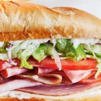 House Cold Sub · Prosciutto, ham, turkey, salami and cheese with lettuce, tomato, red onion and mayonnaise.