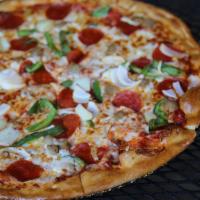 South Forty · Pepperoni, Italian sausage, green peppers, onions and mozzarella cheese.