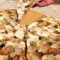 Chickeen Pizza · Served with all-BBQ  chicken, Mozzarella cheese, pizza sauce.