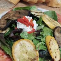 Grilled Vegetables · Yellow squash, zucchini, eggplant, roasted red pepper on mixed greens and goat cheese.