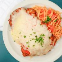 Chicken Parmigiano · Breaded chicken breast topped with fresh marinara, Mozzarella cheese, with spaghetti in a to...