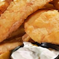 Fried Grouper Basket · Lightly fried fish fingers served with fries and tartar sauce.