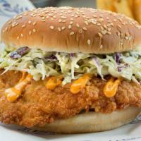 Southern Chicken Sandwich · Crispy fried marinated chicken breast served on a sesame seed bun with mango slaw, chipotle ...