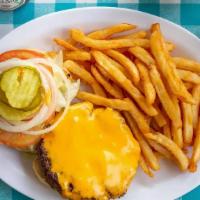 Cheeseburger  · Half pound angus burger served on a Kaiser roll, with lettuce,  tomato, and onion. Served wi...