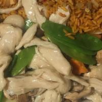 Moo Goo Gai Pan · Served with pork fried rice.