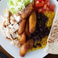 Mexicali Grill · Chopped chicken breast served over yellow rice, black beans, lettuce, diced tomatoes, sour c...