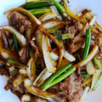 Mongolian Style · Chicken, Wok-seared onion and scallions stir-fried in sweet and tasty mongolian sauce.