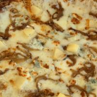 Caramelized Onion · Caramelized Onion, Gorgonzola Cheese, and Pear, with a Garlic White Sauce.