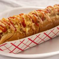 Perro Jumbo Hot Dog · Big sausage and mozzarella cheese. Includes mozzarella cheese, home-made sauce and crushed p...
