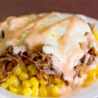 Maicito De Carne · Corn and shredded beef. Sweet grated corn kernels. Includes mozzarella cheese, pink sauce an...