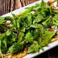 Flatbread Honey Bacon Goat Cheese · Olive oil, bourbon and cola onions, bacon, goat cheese, arugula, honey and smoked sea salt f...