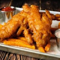 Fish N' Chips · Beer battered Grouper served on a bed of fries and Tartar sauce