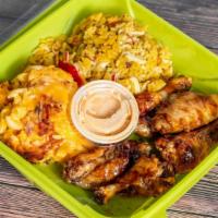 Wings · Six pieces. Customer can choose up to four flavors. Comes with two sides fries and coleslaw ...