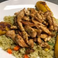 Arroz Con Pollo · Cilantro & herbed rice with chicken & baked plantains.