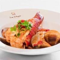 Spaghetti Frutti Di Mare · Lobster tail,branzino, shrimp,clams,spicy tomato sauce, spaghetti guiseppe cocco.