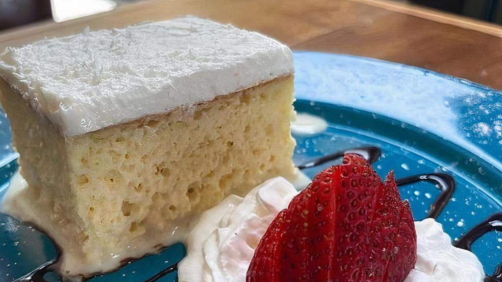 Tres Leches Cake · A tres leches cake (Spanish: pastel, torta. pan or bizcocho de tres leches), is a sponge cake —soaked in three kinds of milk: evaporated milk, condensed milk, and heavy cream.. * Not spicy.. * Vegetarian . * Every additional ingredient has a cost.
