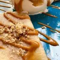 Crepes Of Cajeta (Mexican Dulce De Leche) · Crepes are like thin pancakes and with this dish 2 crepes come filled of Cajeta (Mexican Dul...