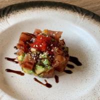 Tuna Tartar · Fresh tuna, chunks with avocado, masago, red tobiko, with chef's special sauce.