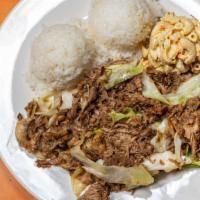 Kalua Pork
 · with 2 scoops steamed rice and 1 scoop macaroni salad.