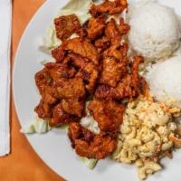 Spicy Pork
 · with 2 scoops steamed rice and 1 scoop macaroni salad.