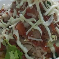 Toston Pulled Pork · 3 pieces of toston with lettuce, cilantro sauce, ketchup, mayo, pulled pork , pico de gallo ...