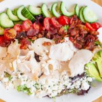 Bbb Cobb Salad · Chopped salad greens, tomato, bacon, roasted turkey, boiled egg, avocado, cucumber, and goat...